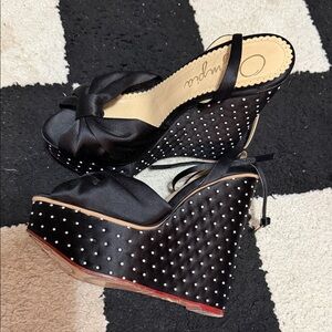 Charlotte Olympia Black Satin Polka Dot Wedge Sandals
